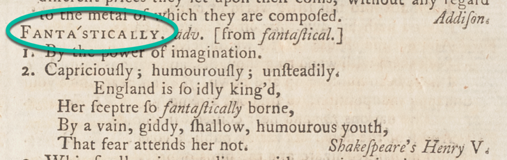 "Fantastically" entry with the headword circled.