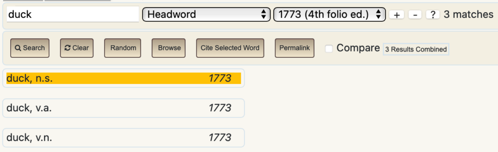 Search results for "duck" in the 1773 edition displaying parts of speech.