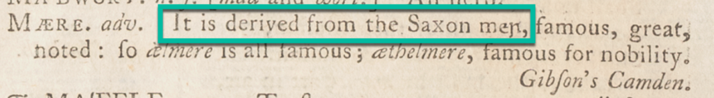 "Maere" entry displaying an example of etymology described within the definition.